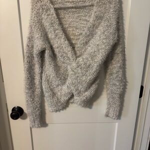 Woven Heart White Fuzzy Sweater